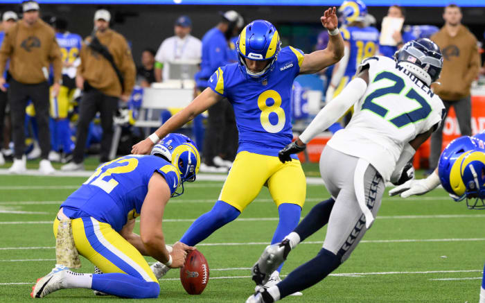 Nov 19, 2023; Inglewood, California, USA; Los Angeles Rams place kicker Lucas Havrisik (8) kicks a field goal in the fourth quarter against the Seattle Seahawks at SoFi Stadium.